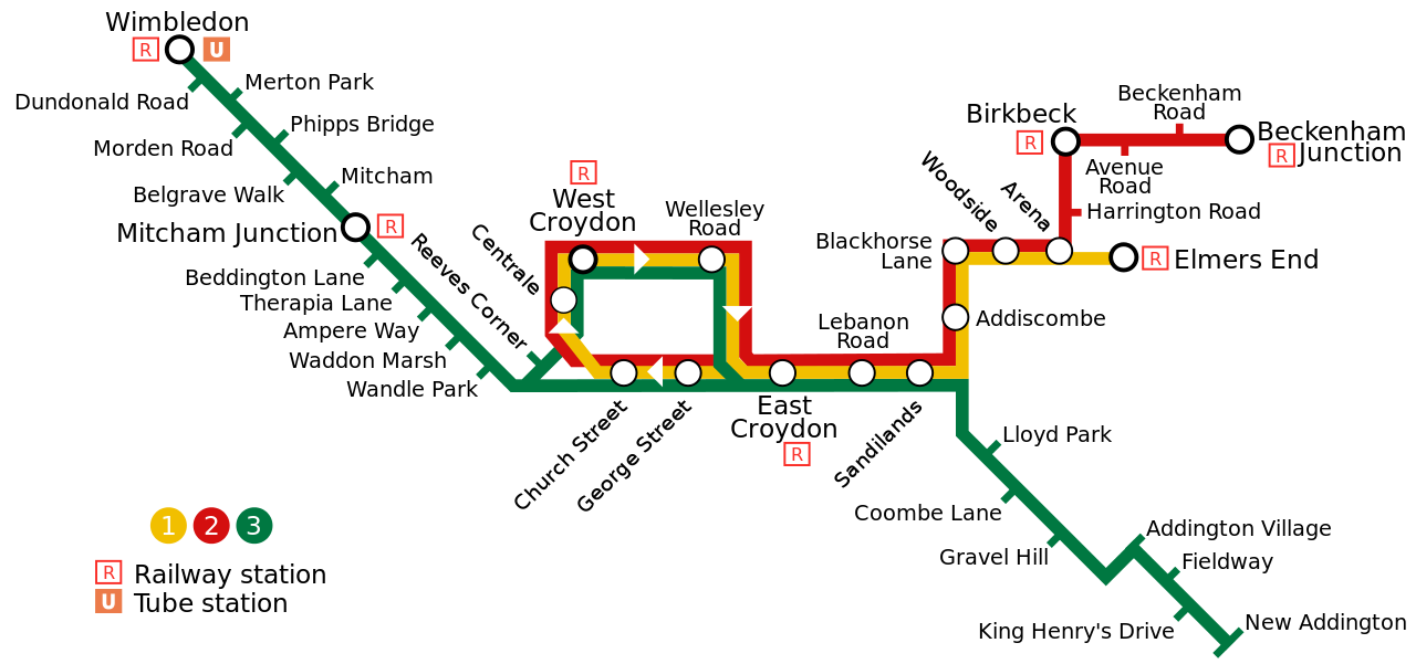 Mapa tras tramvajové sítě Tramlink))