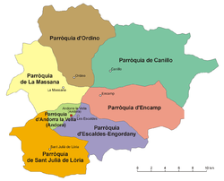 Map of the parishes of Andorra.The border of Andorra la Vella and between Canillo and Encamp may not be shown accurately.